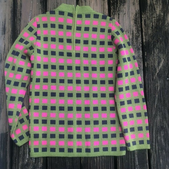 Sweater Sportissimo Sz S M Crew Neck Pink Green Vintage 70s 80s Geometric Square - Picture 4 of 4